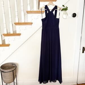 Lulu's Air of Romance Navy Blue Maxi Dress Back Zip Sleeveless Halter Size M